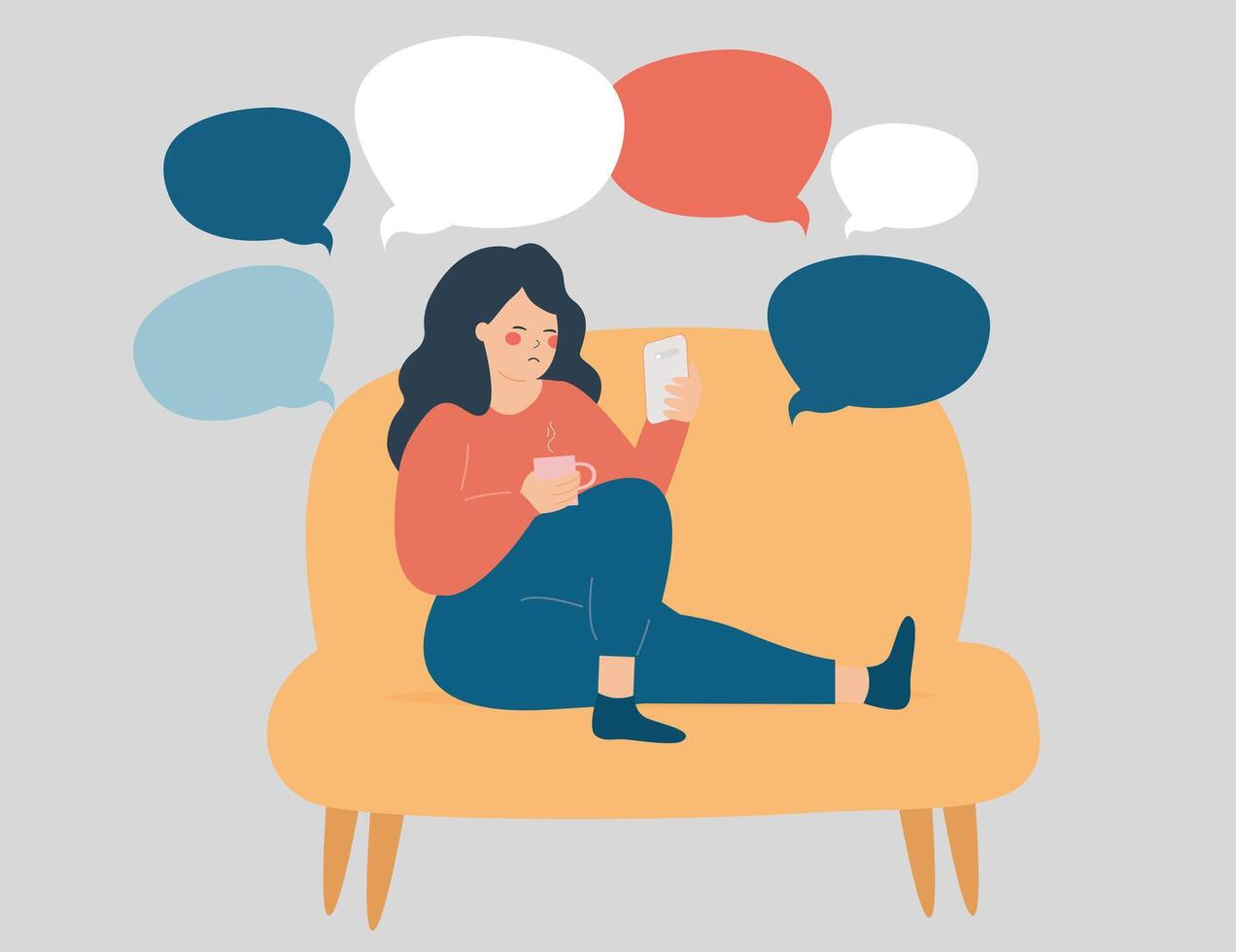 Sad woman checking her mobile and reads negative comments. Stressed teenage girl scrolling phone and read bad messages in social media. Illustration of Cyberbullying, bullying, and psychological abuse vector