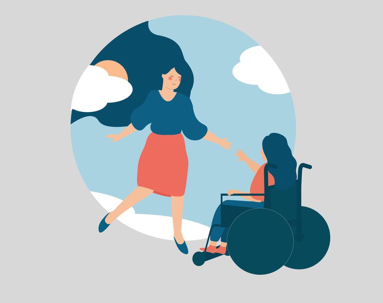 Woman helps a person with limited mobility to overcome mental health disorders. Friend or social worker supports a girl in the wheelchair to get rid of depression. Concept of new life, rehabilitation. vector