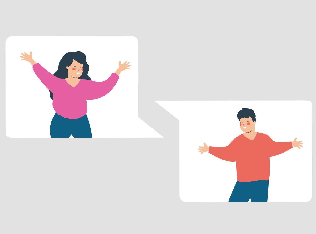 Young man and woman talk via online messages. Happy people or couple inside speech bubbles chatting to each other. Conversation between friends or family through internet. Concept of communication vector