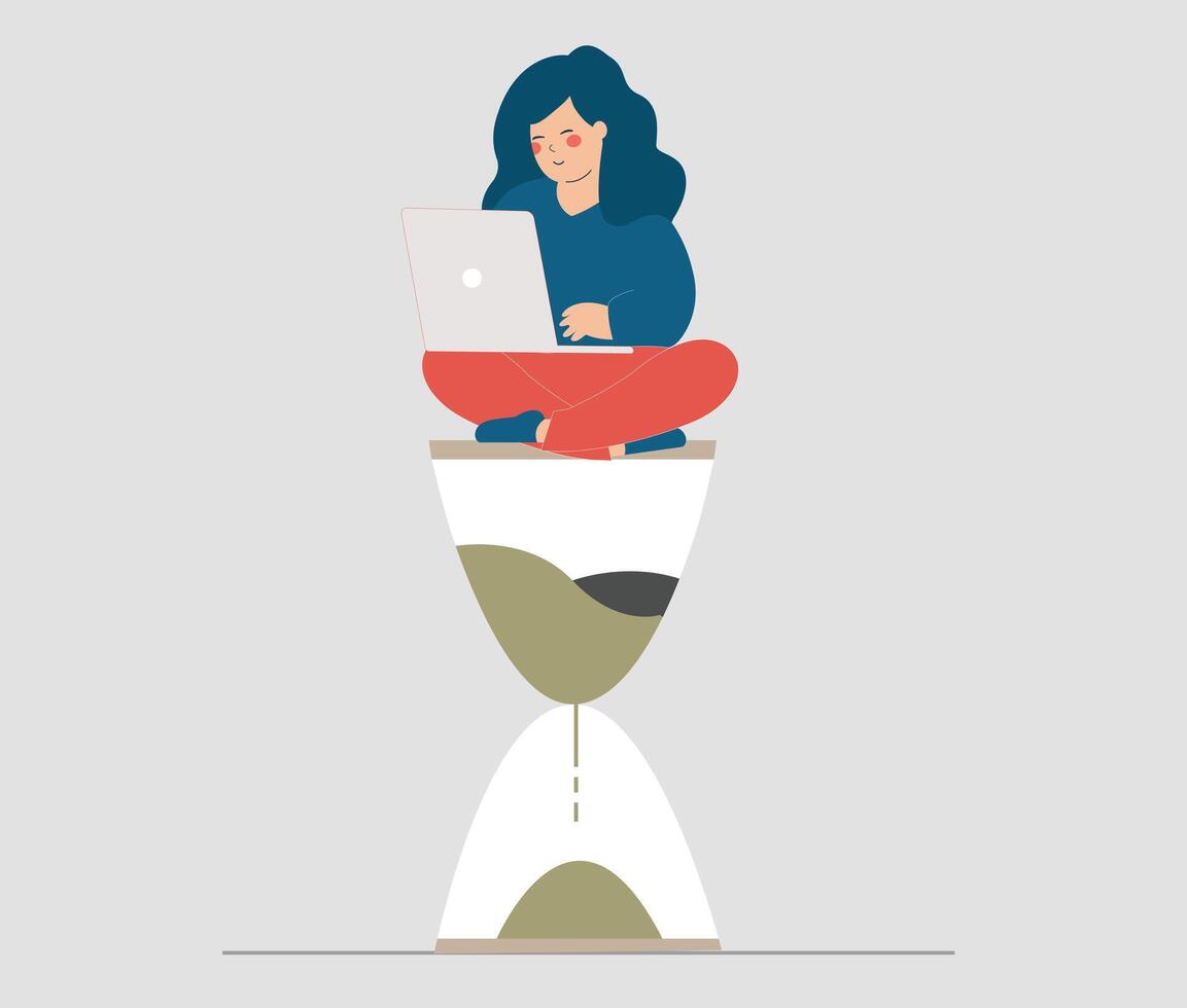 Young business woman has done her work just on time. Happy businesswoman respects her deadline in projects. Concept of time management, self discipline and control. vector