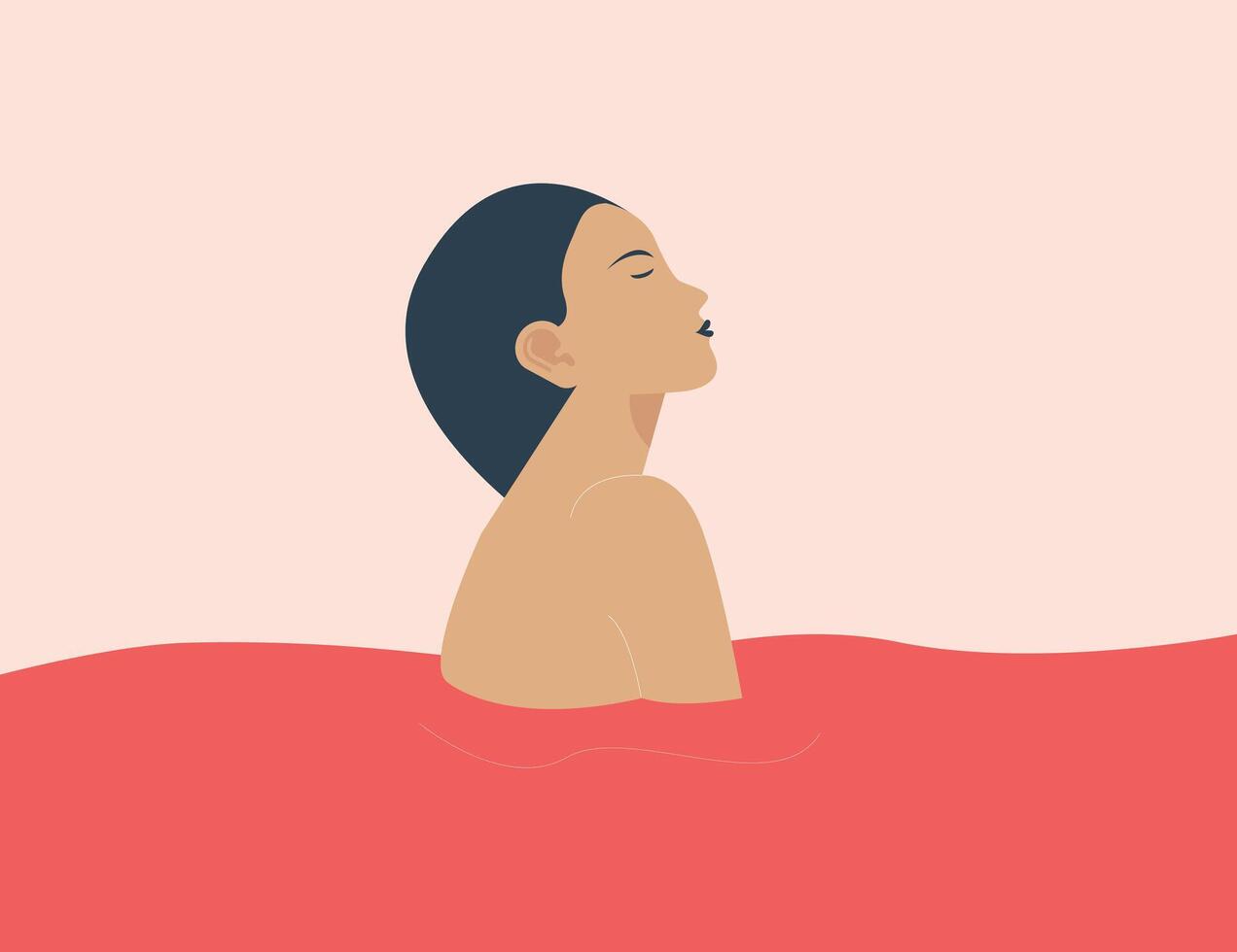 Depressed woman feels anxiety and stress wades in the waving water. Sad girl stands or baths in choppy water to get rid of negative thoughts and depression. Concept of mental health disorders. vector