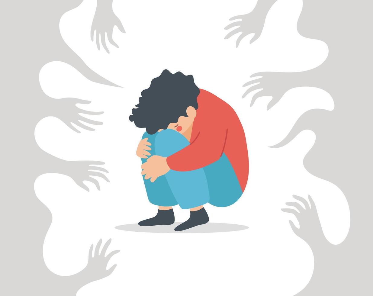 Depressed boy crying, sitting, and covering his face, suffers from bullying. Sad child victim of abuse, is surrounded by hands threatening and harassing him. Stop violence Concept. vector