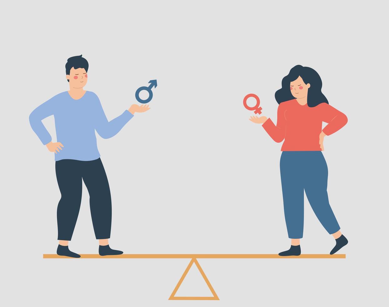 Man and woman stand face to face on a seesaw with gender symbols. Male and female balancing on a weight scale challenging each other in society. Concept of gender equality, justice and rights. vector