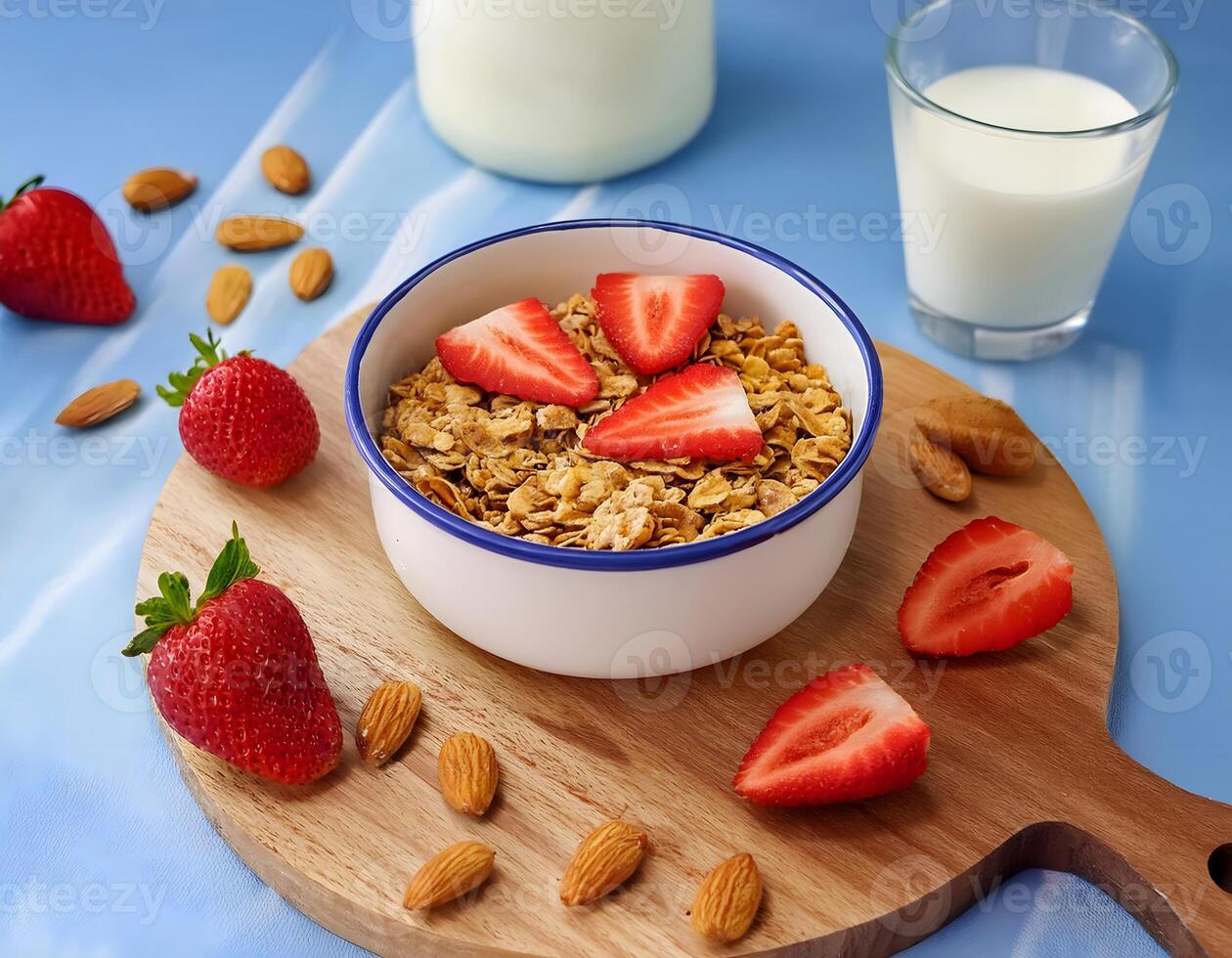 Nutritious Breakfast with Granola, Almonds, and Milk on Wooden Board photo