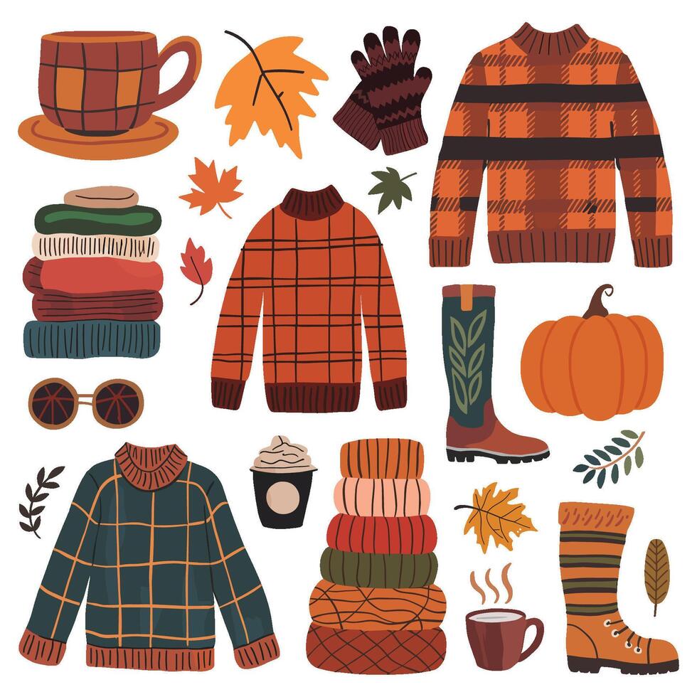 Collection of fall clothing and accessories, including a pumpkin, a cup, and a sweater. Image is cozy and warm vector