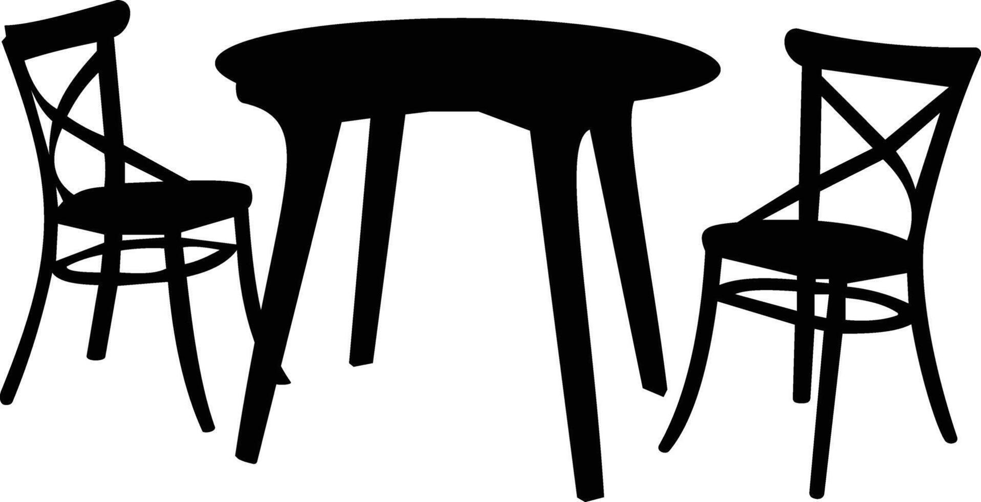 a black and white illustration of two chairs and table vector
