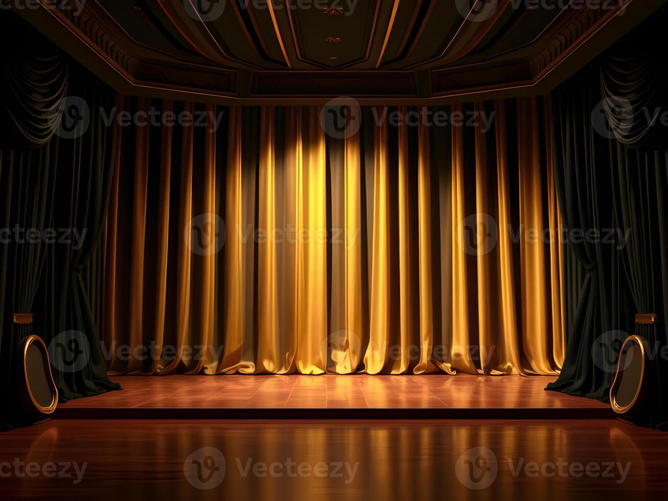 An empty stage with a golden curtain and black curtains photo