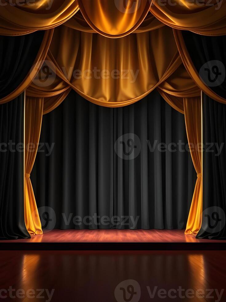 Theater stage with black curtains and gold curtains photo