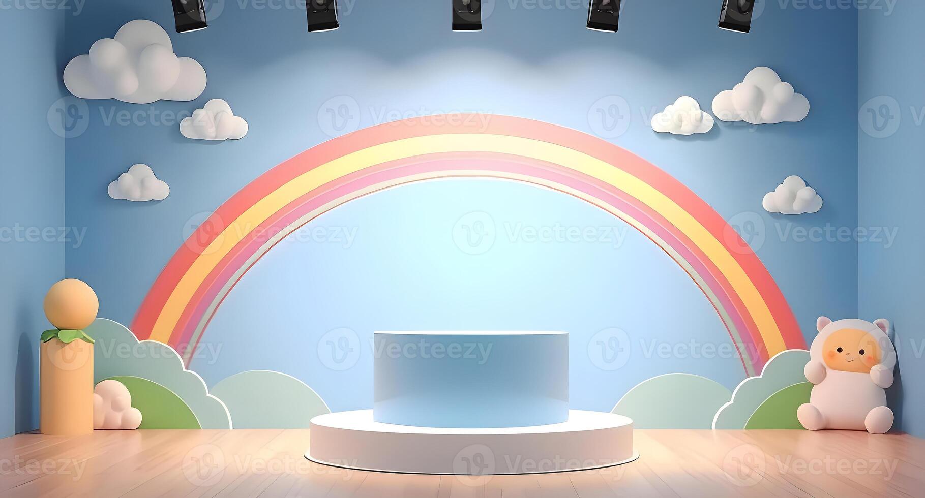 A room with a rainbow and a toy shelf photo