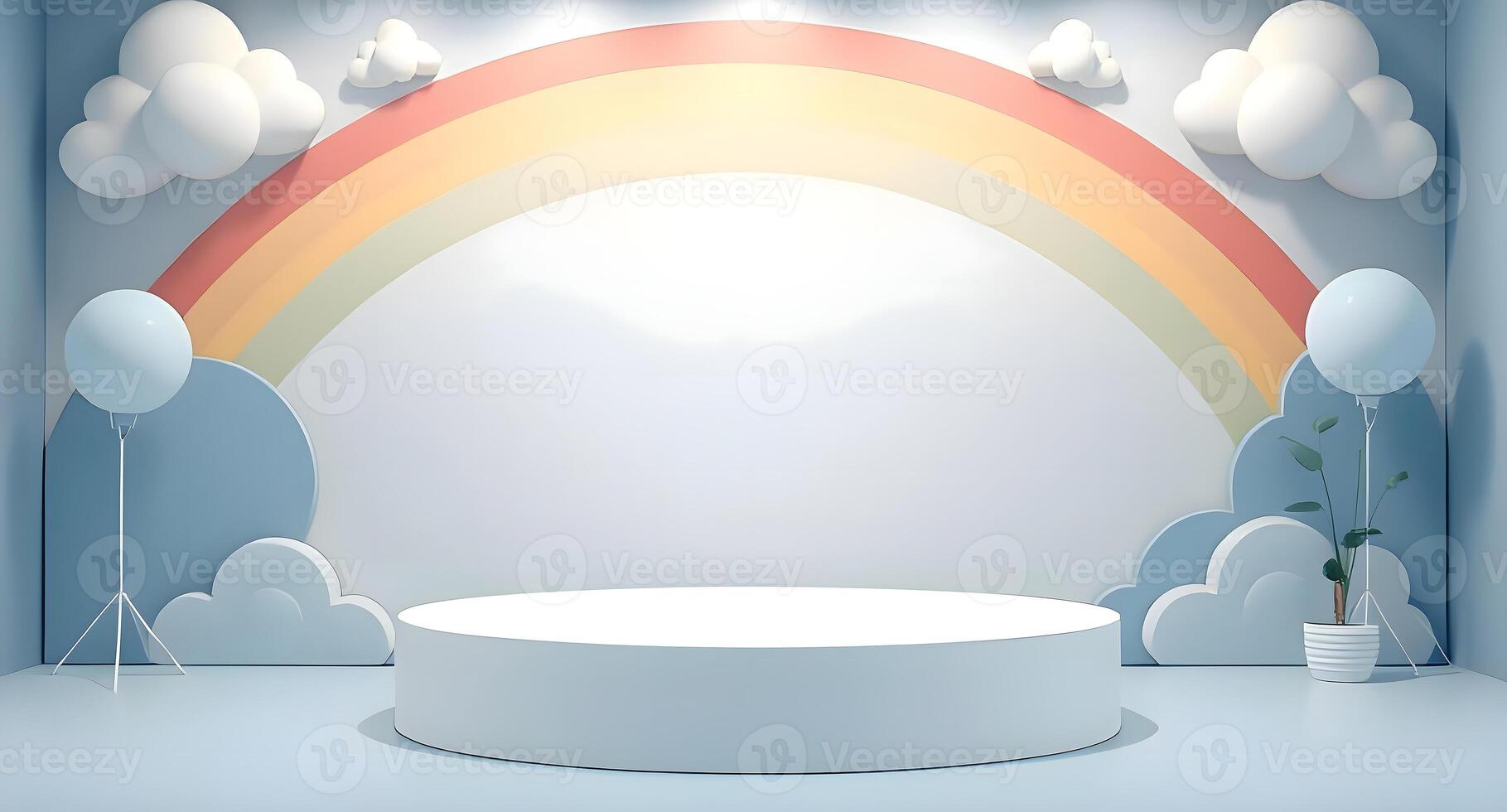 3d render of a room with a rainbow and clouds photo