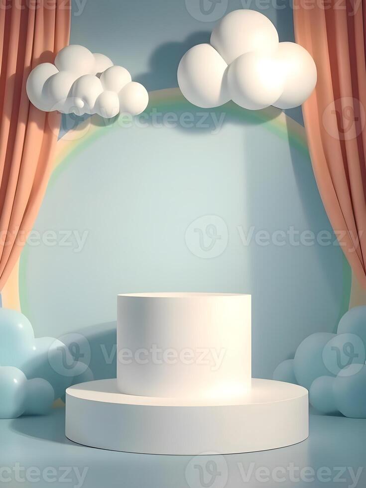 A stage with a white podium and clouds photo