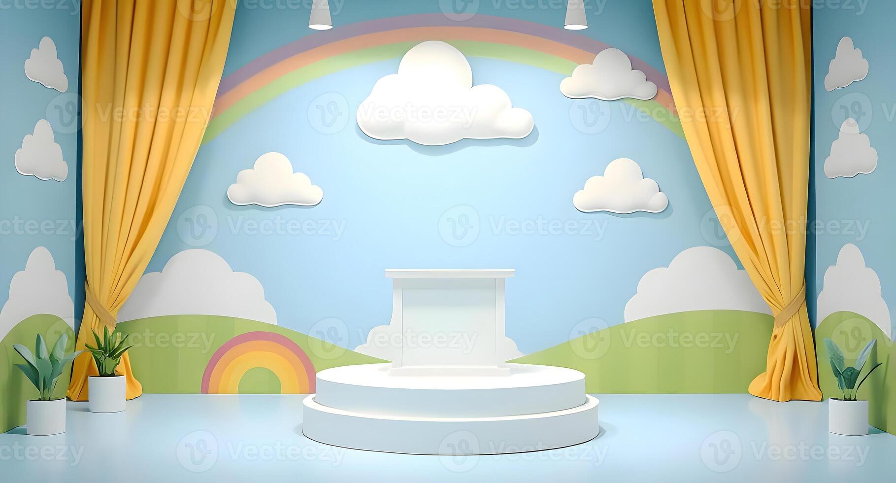 A stage with a rainbow and clouds in front of it photo