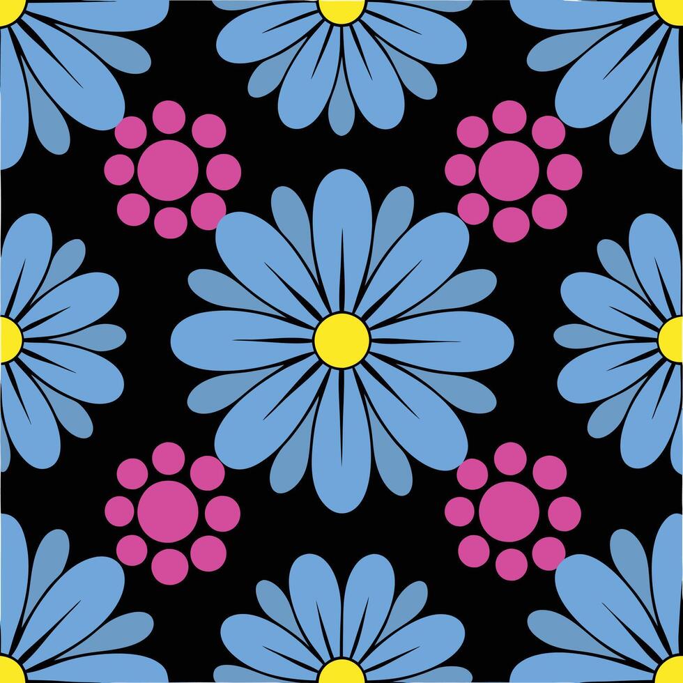 Intricate Retro Floral Pattern with Blue and Yellow Flowers vector