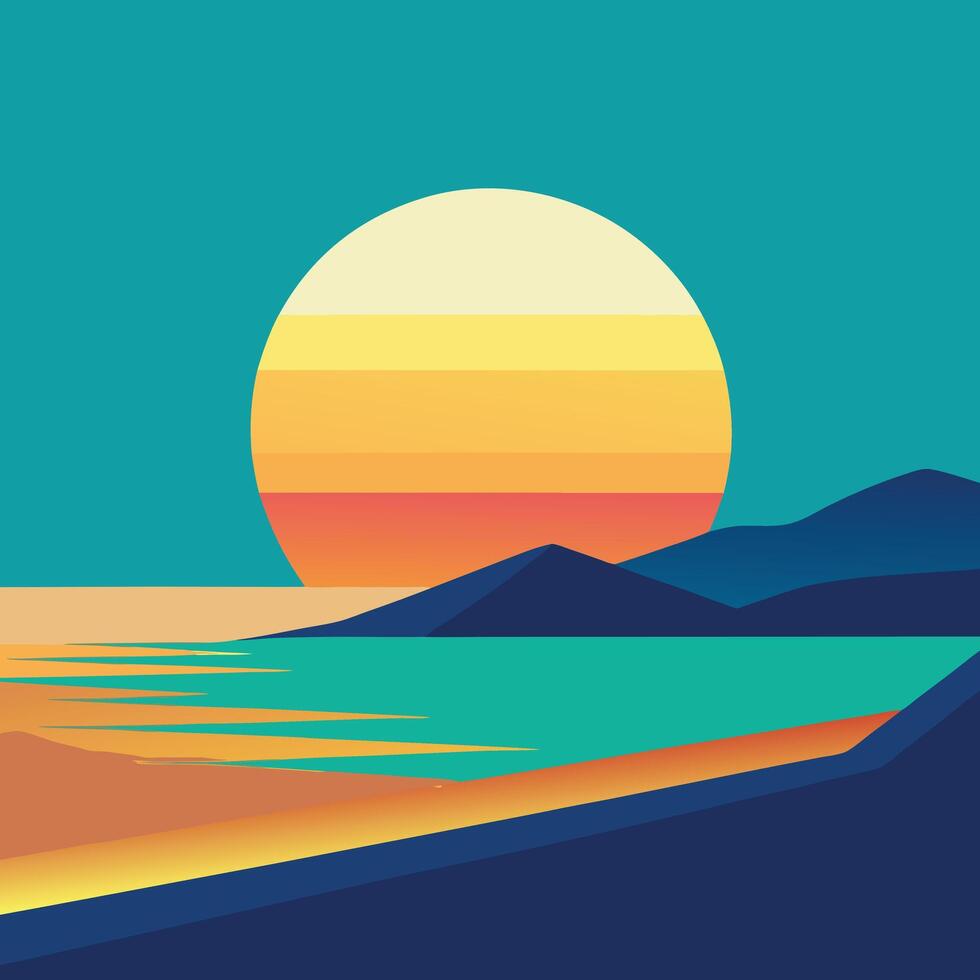 Minimalist Beach Landscape with Vibrant Yellow Sky and Ocean vector