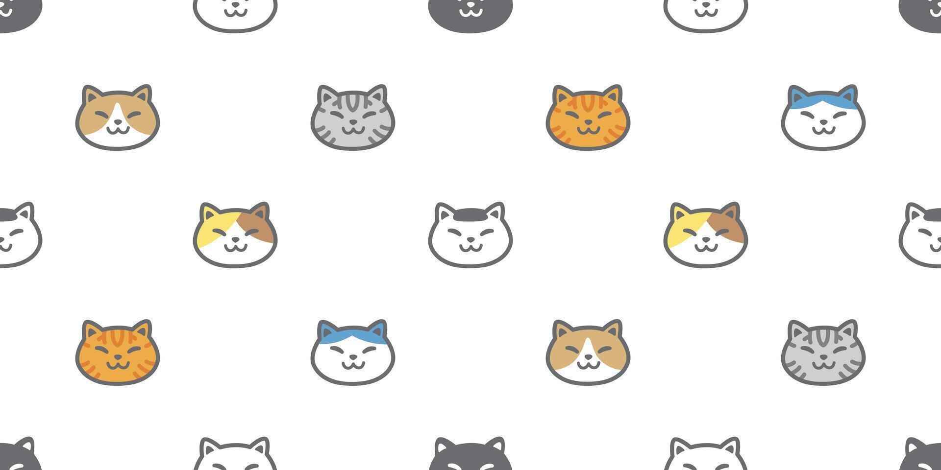 cat seamless pattern smiling face head kitten calico cartoon doodle pet gift wrapping paper tile background repeat wallpaper illustration vector