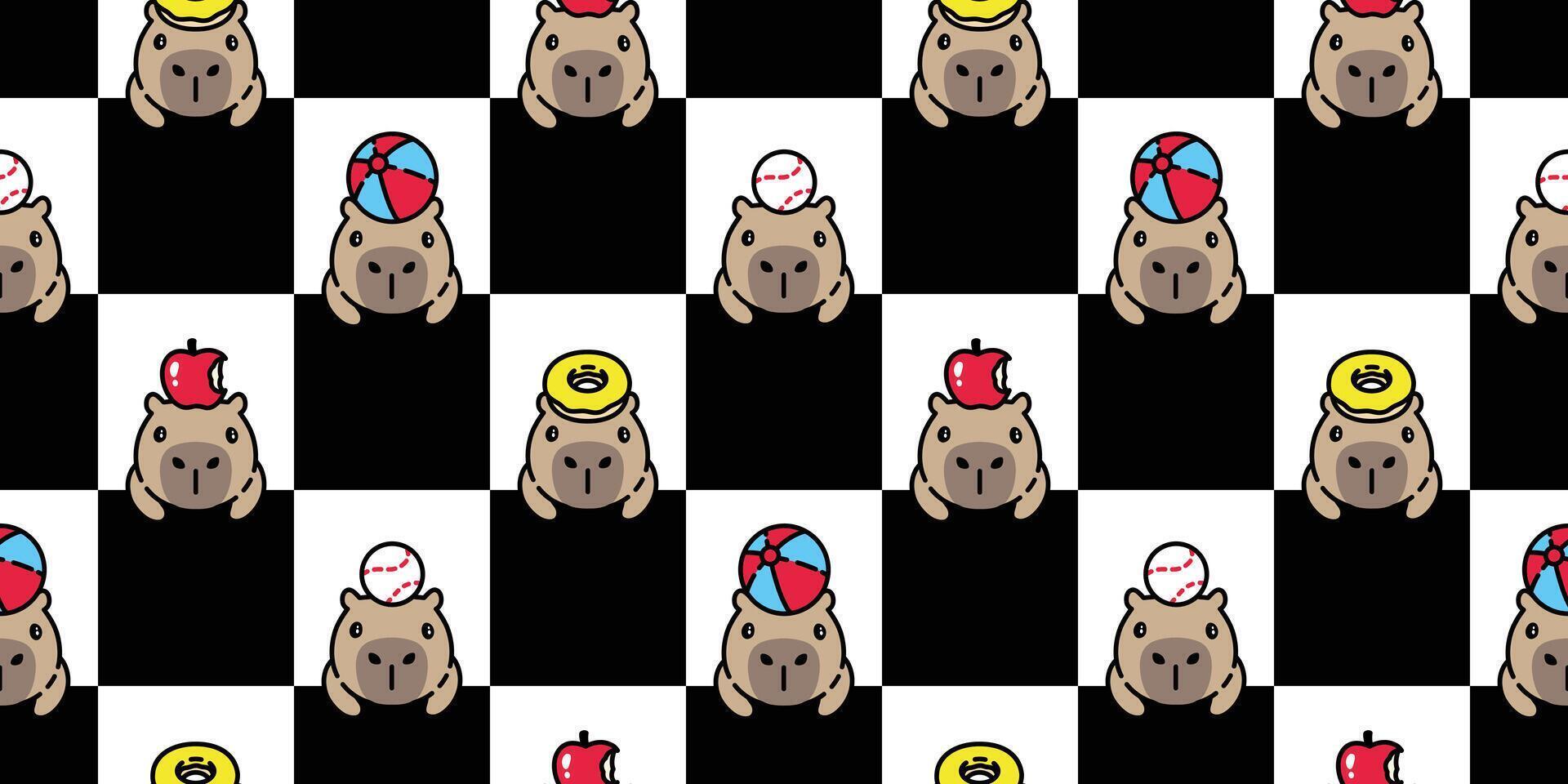 capybara seamless pattern checked orange apple donut baseball ballvector pet cartoon doodle gift wrapping paper tile background repeat wallpaper animal illustration scarf isolated design vector