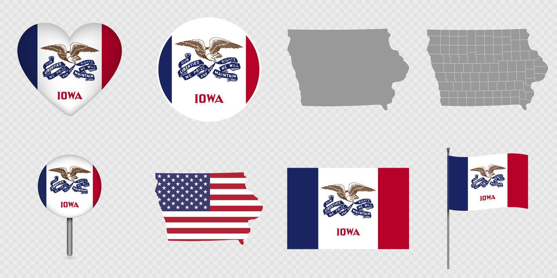 Iowa State Flags and Maps Icon Pack. illustration. vector