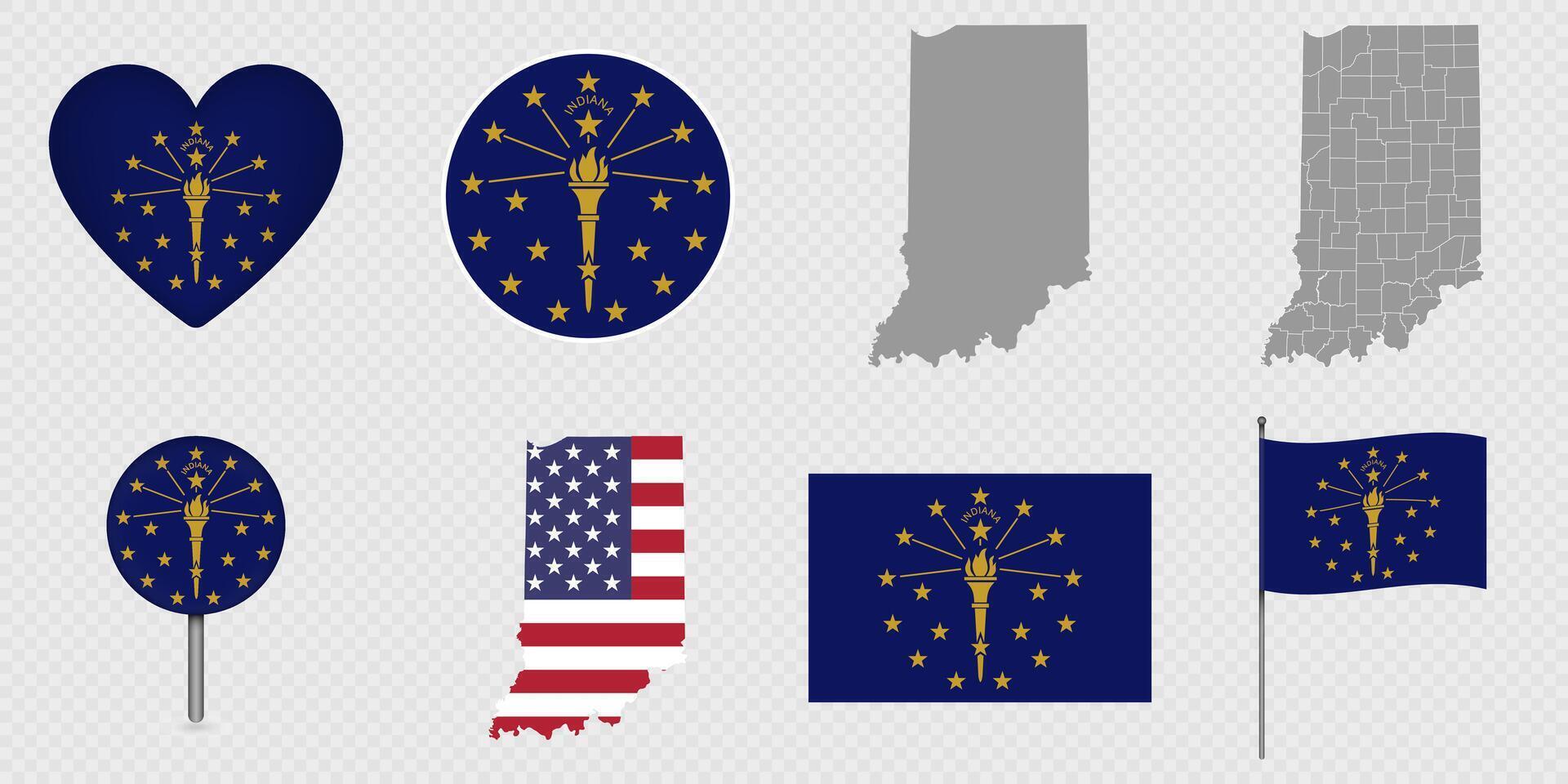 Indiana State Flags and Maps Icon Pack. illustration. vector