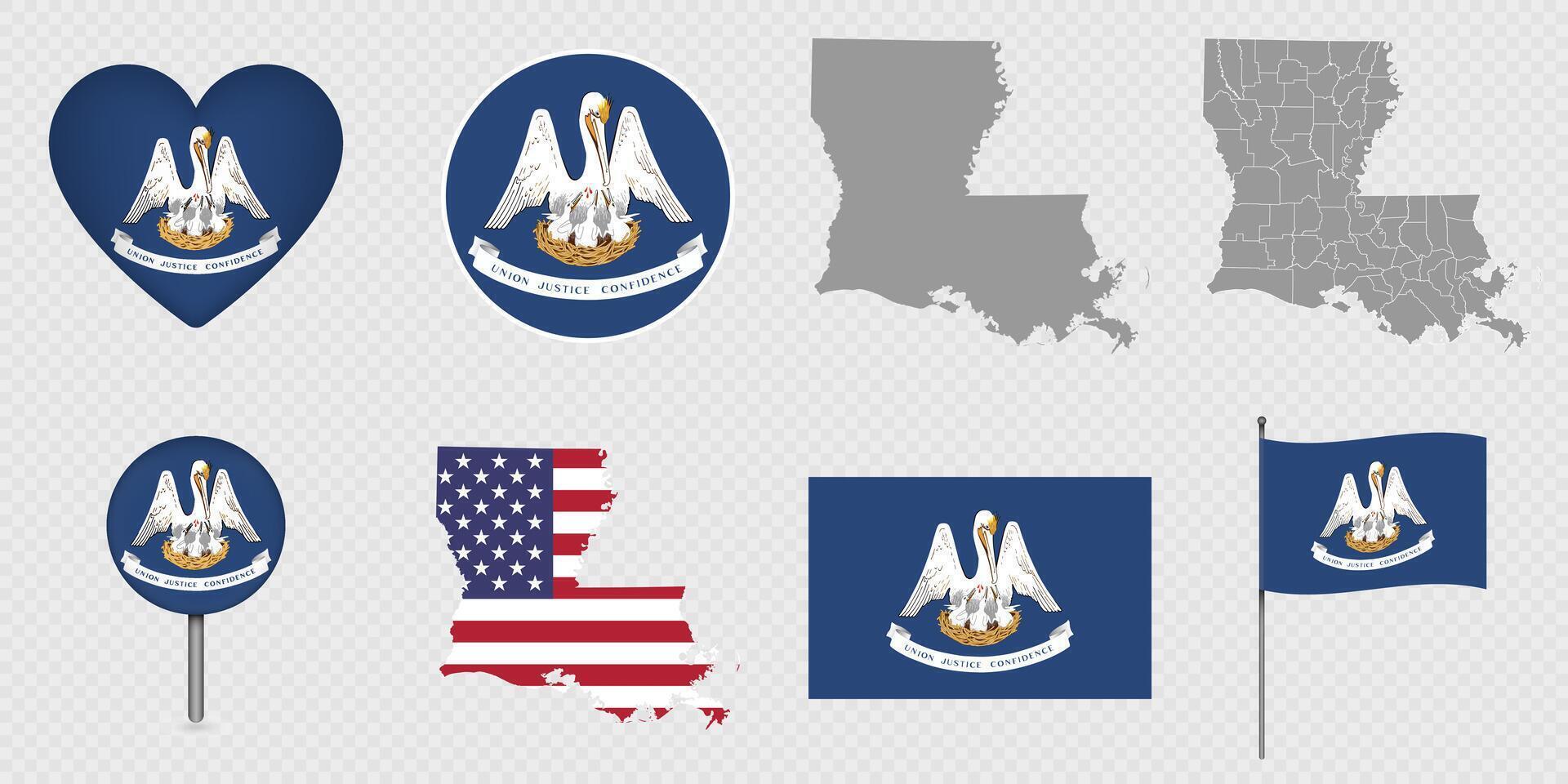 Louisiana State Flags and Maps Icon Pack. illustration. vector