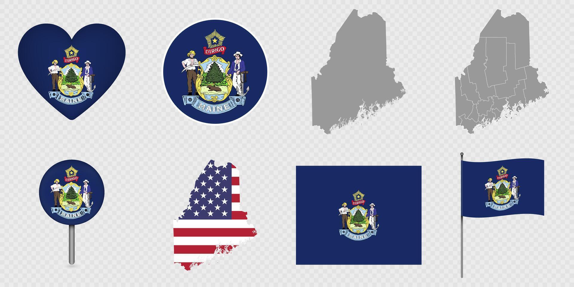 Maine State Flags and Maps Icon Pack. illustration. vector
