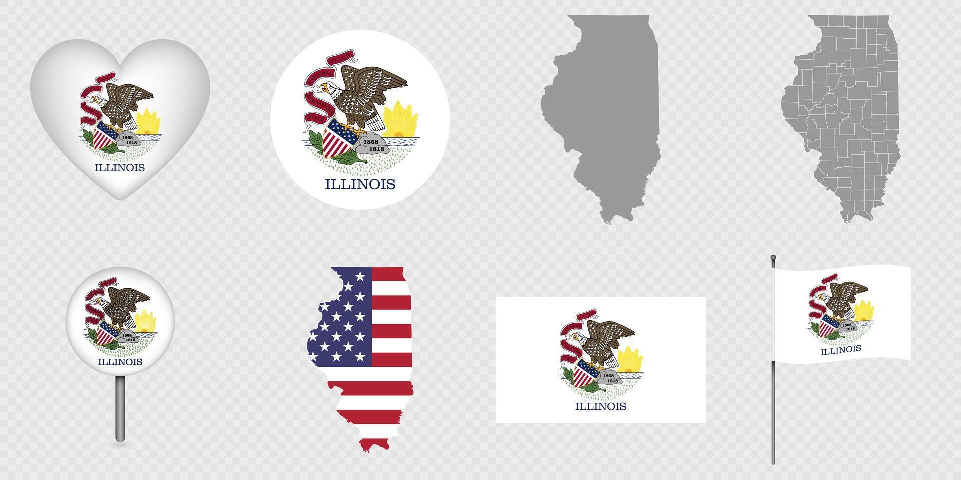 Illinois State Flags and Maps Icon Pack. illustration. vector