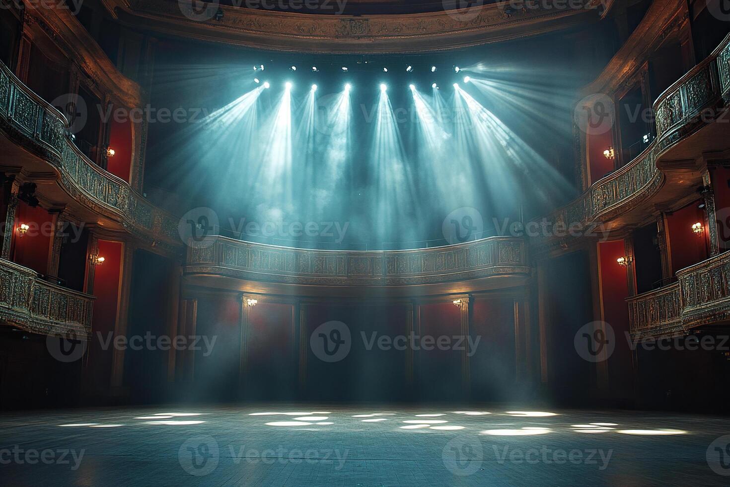 An empty theatre stage illuminated by spotlights before performance. Generated by artificial intelligence photo
