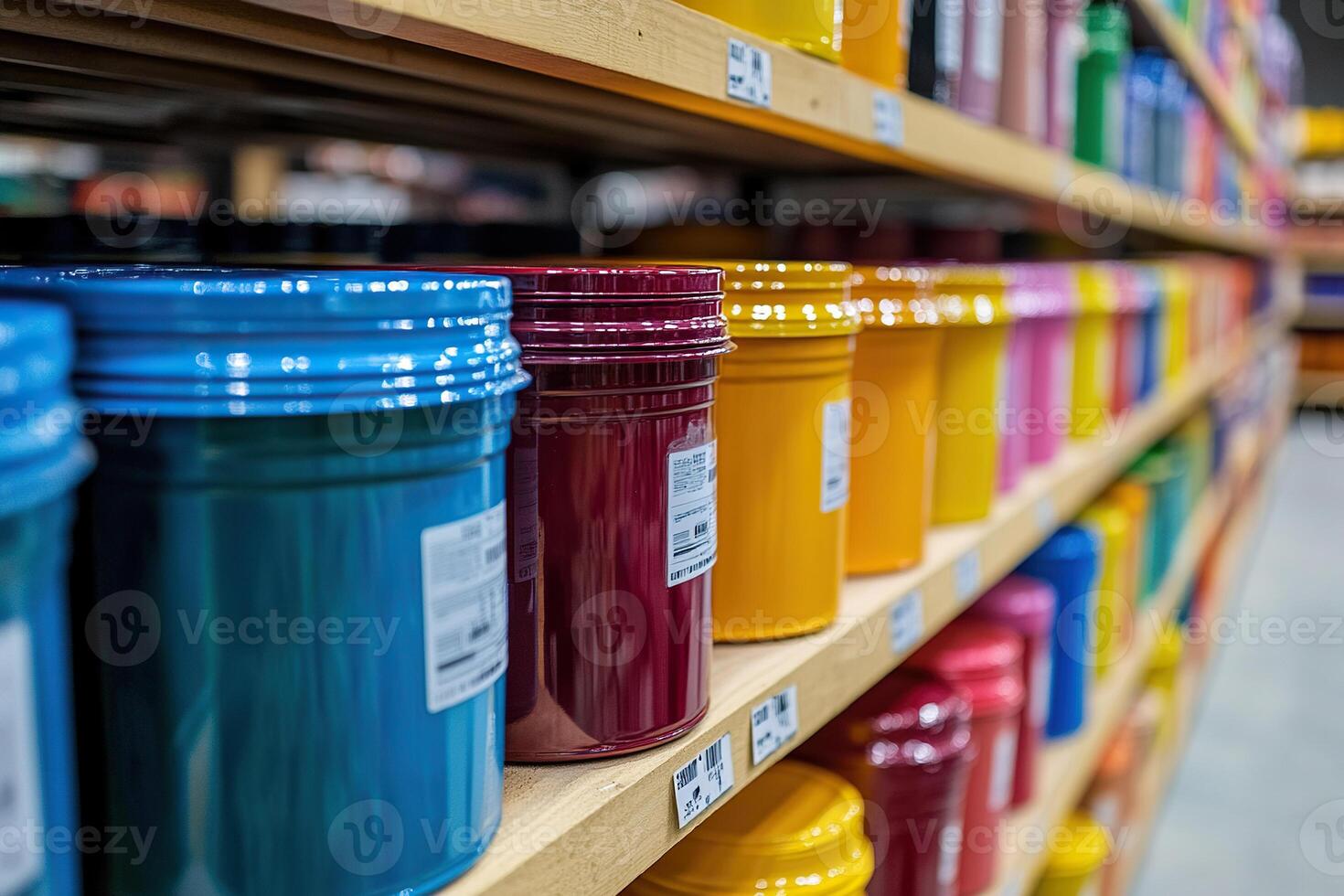 Paint cans on shelves in a hardware store. Products in a hardware store. photo