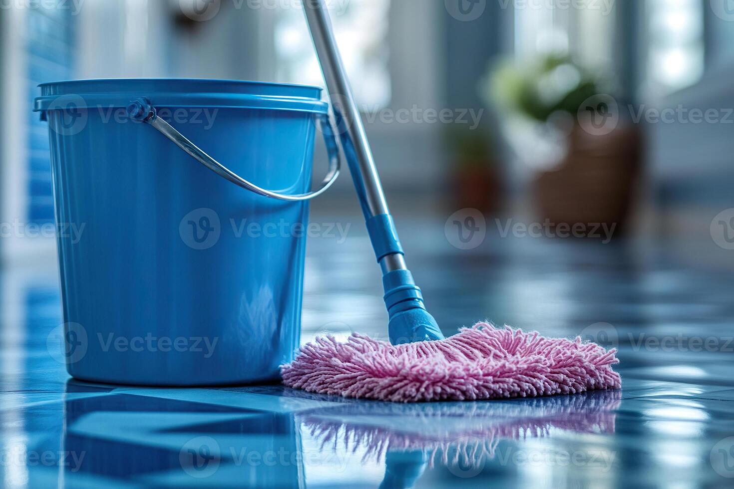 Blue bucket and mop for cleaning stand on clean floor close-up. Housework concept. Cleanliness maintenance concept. Generated by artificial intelligence photo