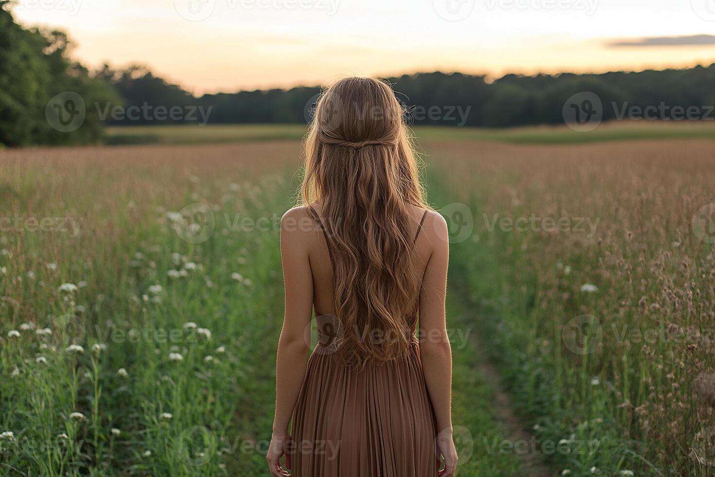 Back view of a young brunette girl with long hair in a brown dress on a path in a field in the evening. Generated by artificial intelligence photo
