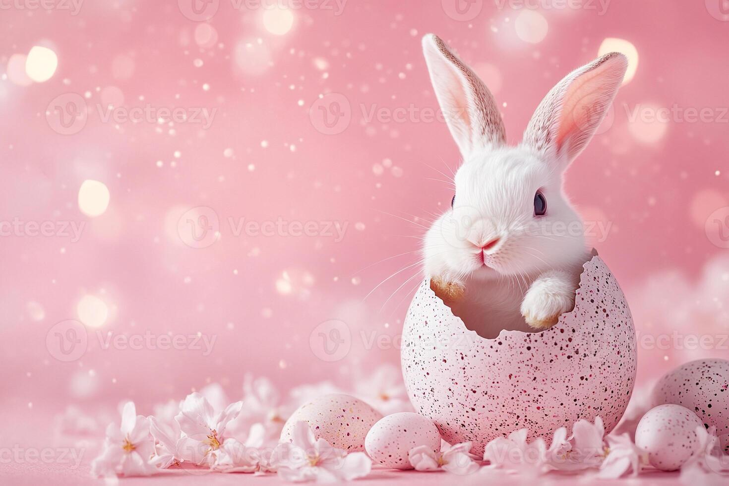 White Easter bunny with broken eggshell. Minimal pastel pink composition with bunny, eggs and petals on pink background for Easter holiday. photo