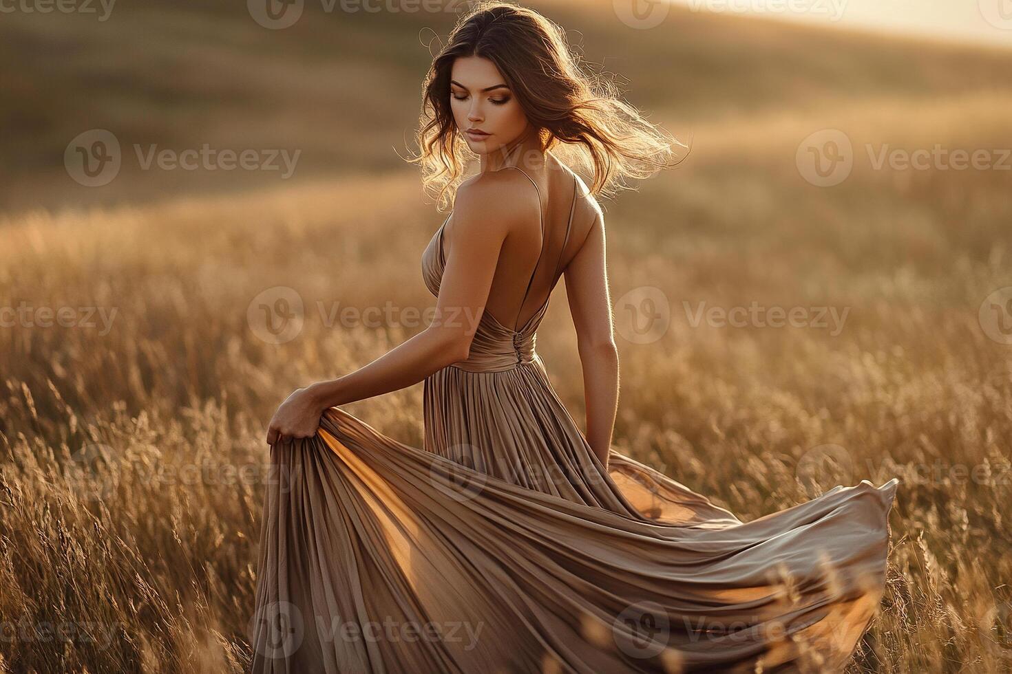 Young attractive girl in silk mocha dress posing in field at sunset. Color of the year 2025 coffee mocha. Generated by artificial intelligence photo