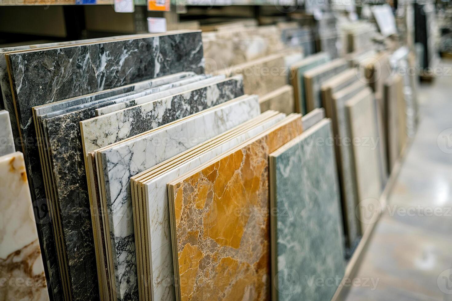 Samples of marble and porcelain tiles in a construction store. Concept of renovation and interior selection. Generated by artificial intelligence photo