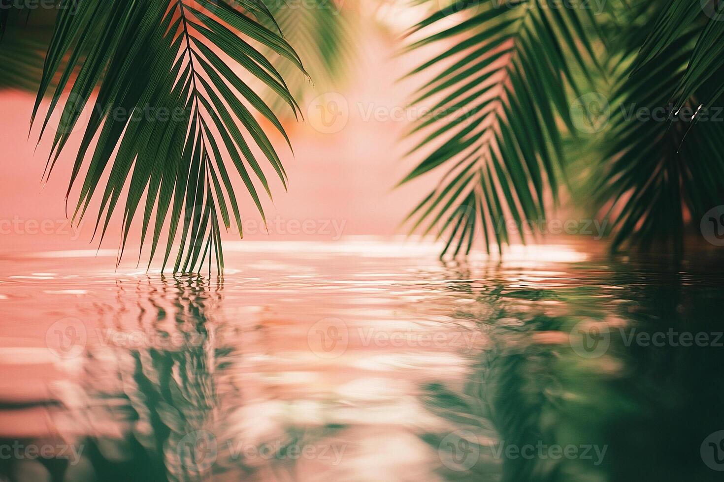 Close up of soft ripple water texture with pink tint with palm leaves on top. Summer banner. Generated by artificial intelligence photo