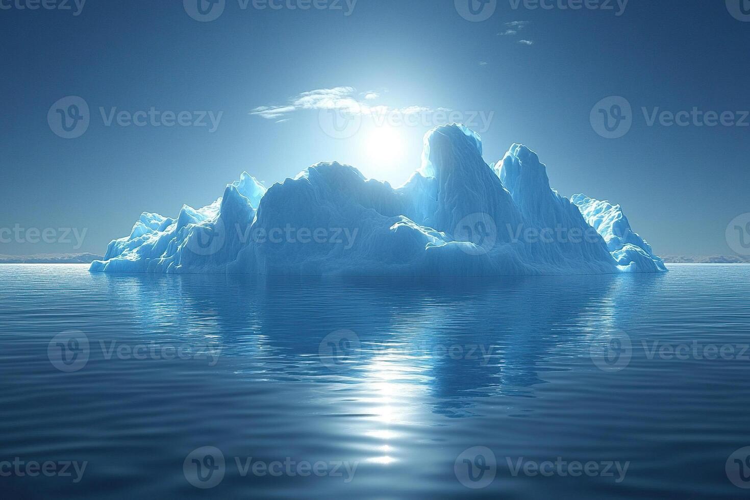 Iceberg with sun reflection in clear blue water. Iceberg and global warming concept. Floating ice in the ocean. Generated by artificial intelligence photo