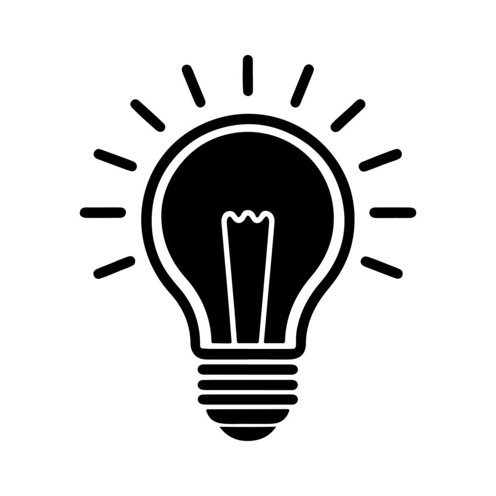 Black and white illustration of a light bulb with radiating lines indicating illumination. vector