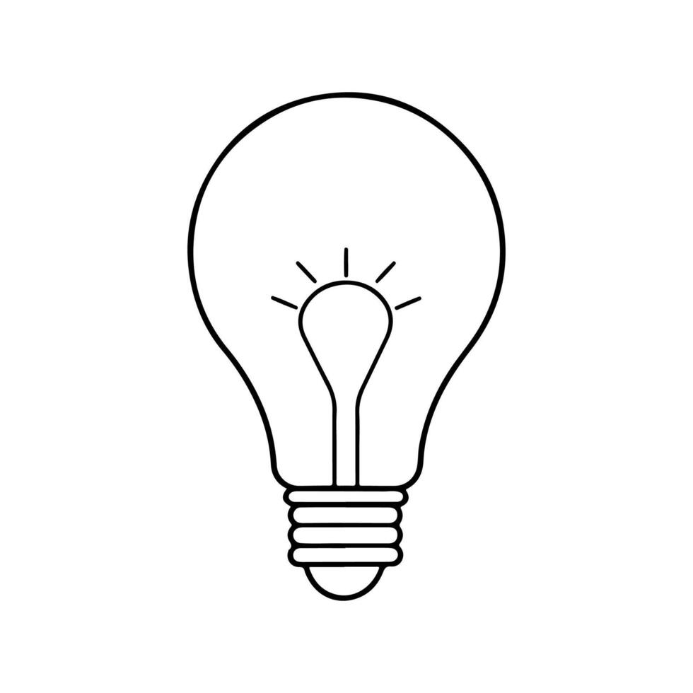 Line drawing of a light bulb with a glowing filament design. vector