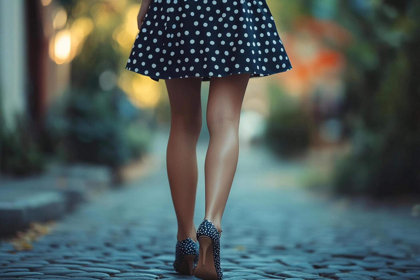 Back view of a young woman in a short black summer dress with polka dots. Vintage fashion. Polka-dot dress. The girl walks along a narrow street with cobblestones. photo