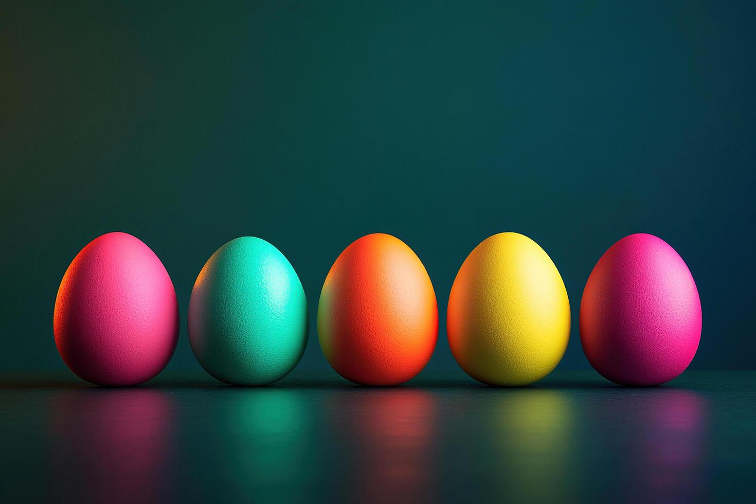 Five Easter colorful eggs on a green background. Minimalistic design of Easter eggs. photo