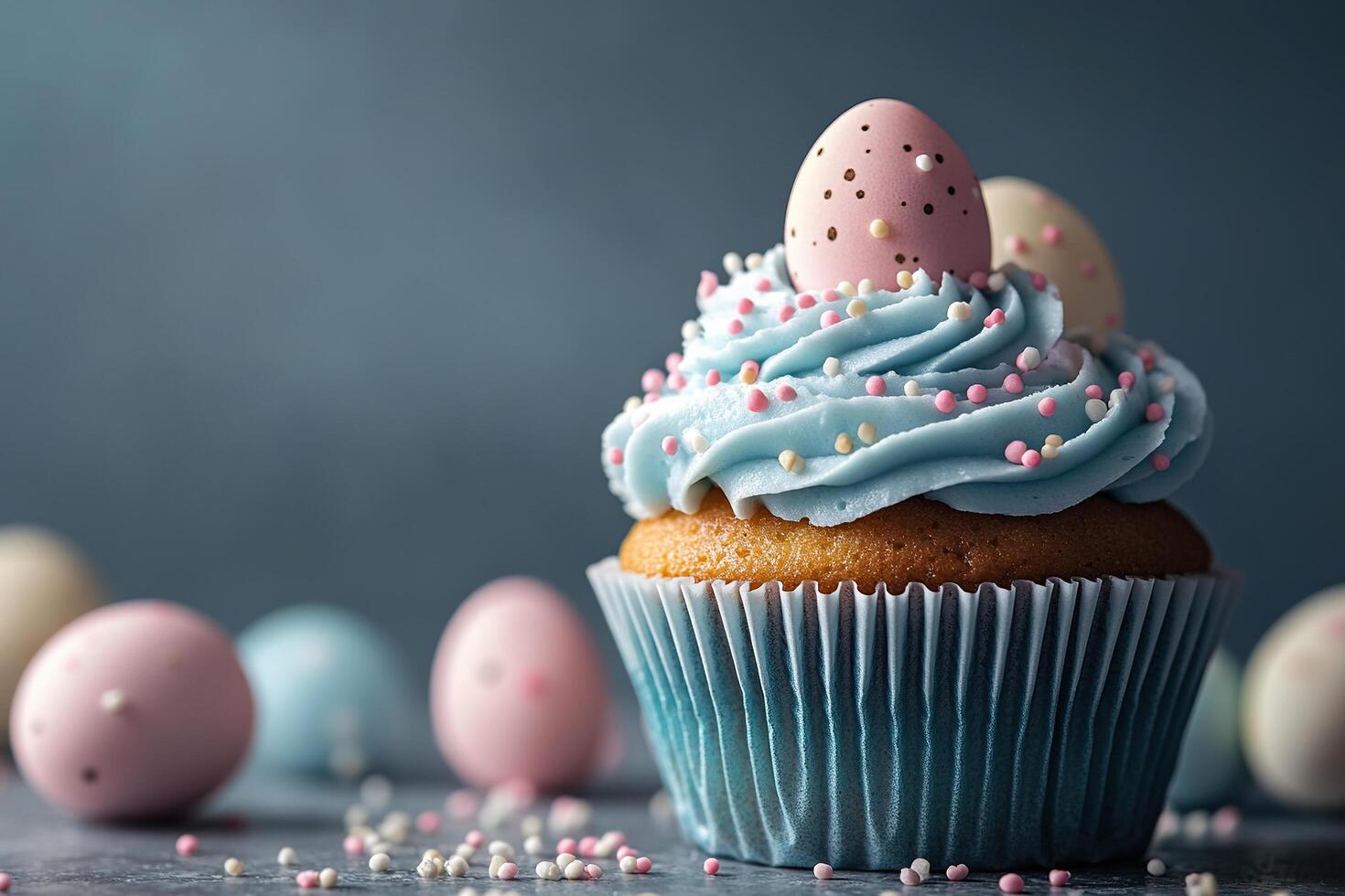Easter muffin decorated with sugar Easter eggs on a blur grey background. photo