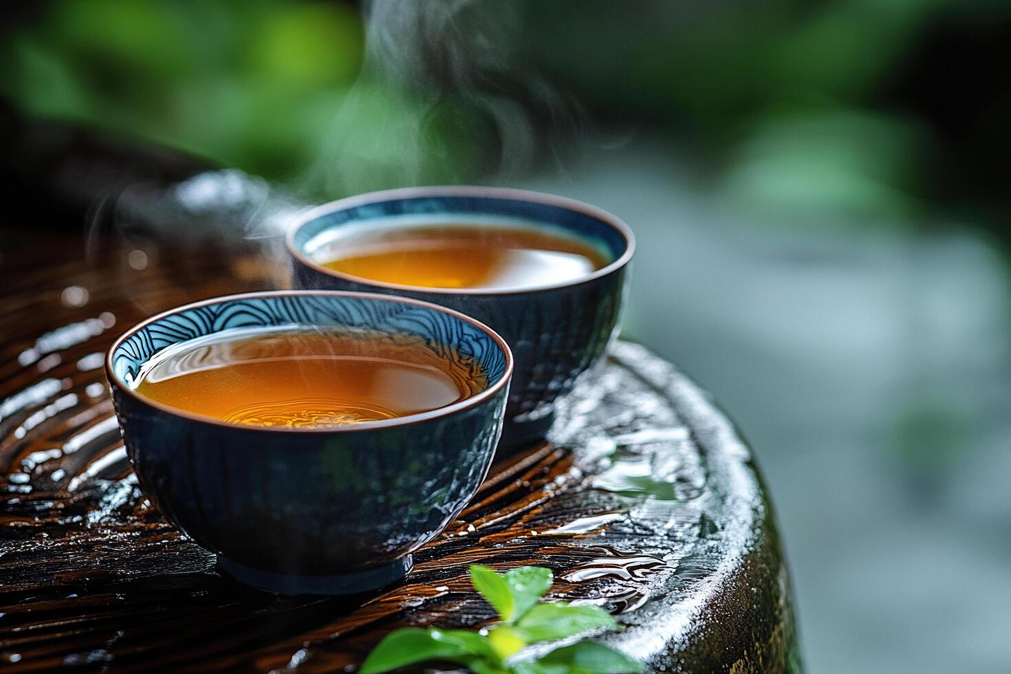 Two cups with Chinese green tea on a wooden stand against a blurred natural background. Generated by artificial intelligence photo