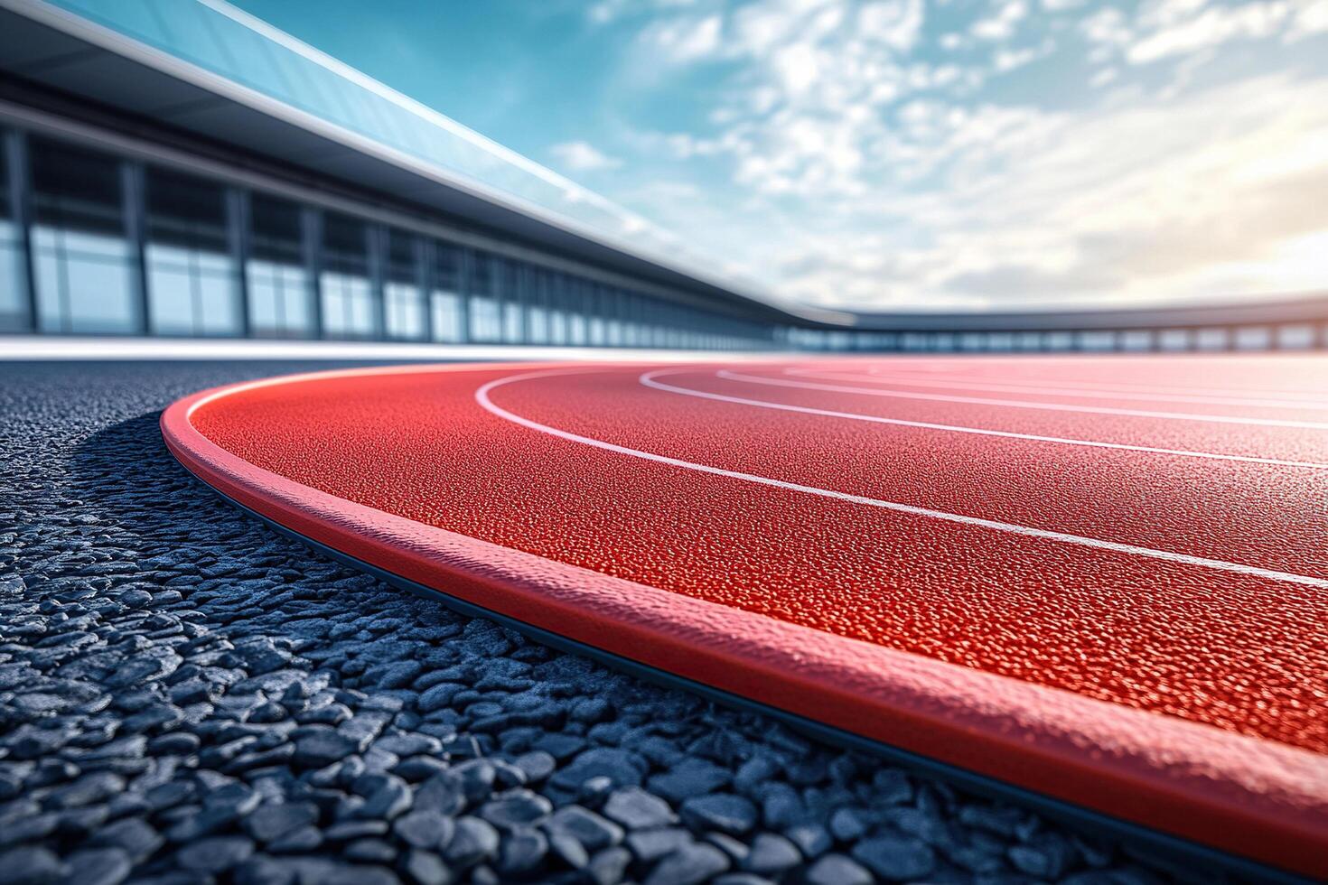 Empty red running track at the stadium in sunny weather. Concept of running, sport, competition. Generated by artificial intelligence photo
