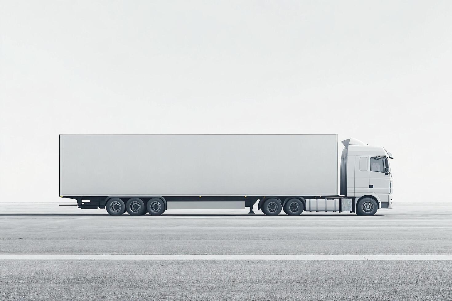 White truck for transporting goods on the city street. Truck with advertising space. Business, commerce, cargo transportation concept. photo