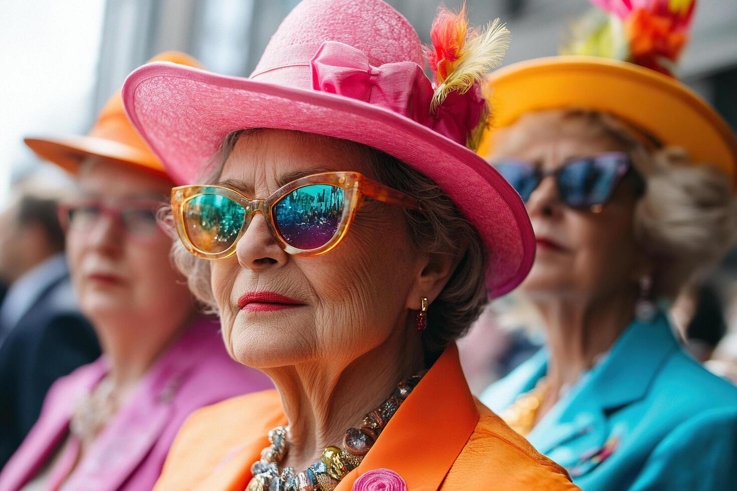 Eccentric elderly woman in trendy sunglasses surrounded by her lgbt friends. Gay and lesbian rights concept for all ages photo