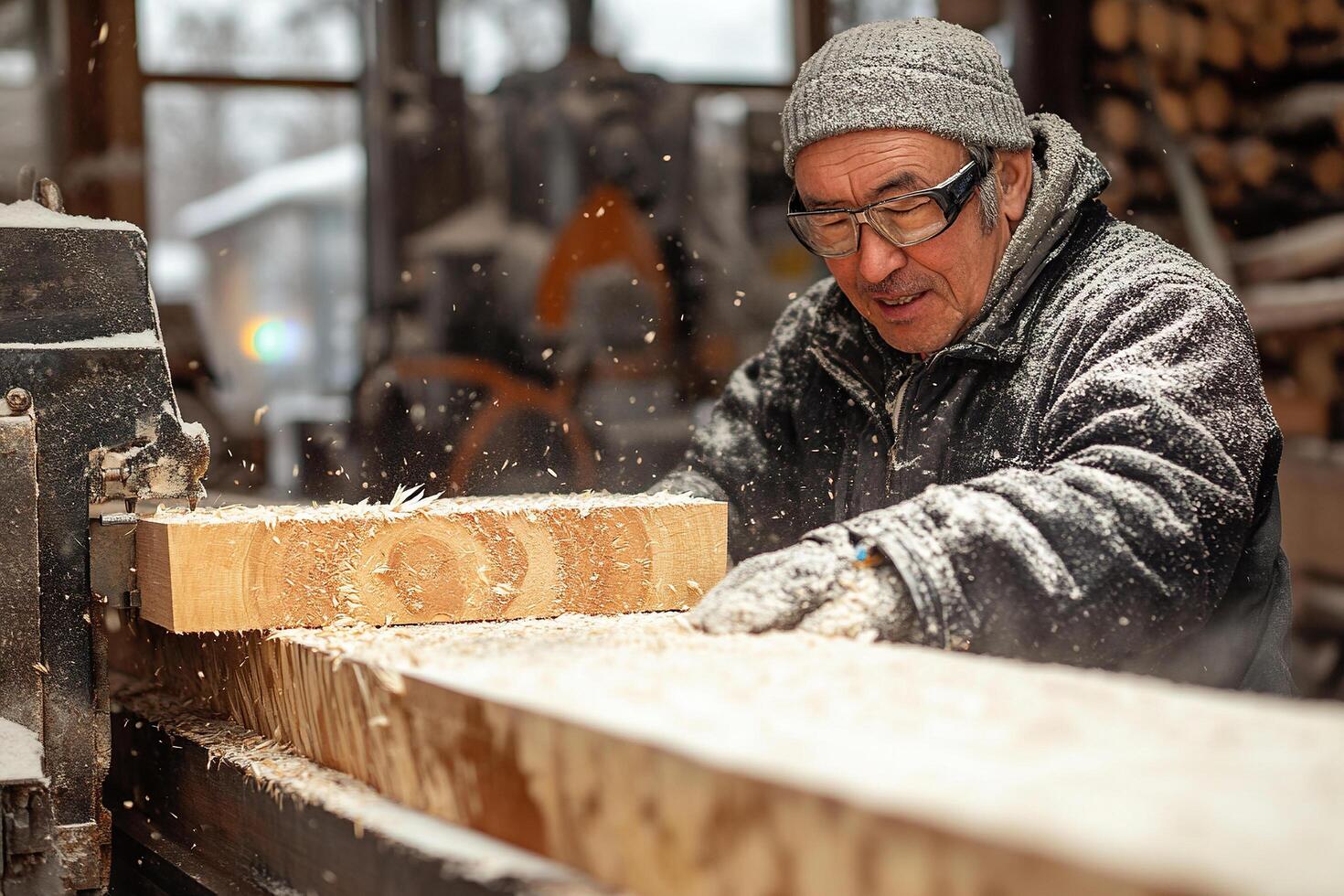 A man processes timber at a private sawmill. Timber and business concept photo