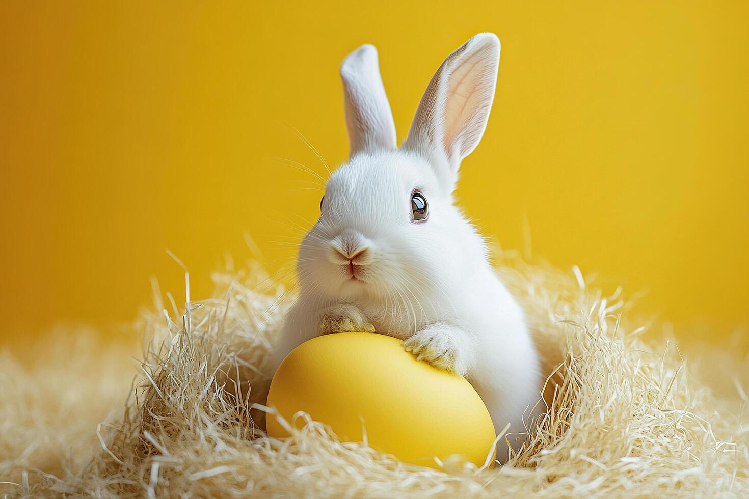 Little white rabbit with yellow Easter egg sitting in nest on yellow background. Minimal easter composition photo