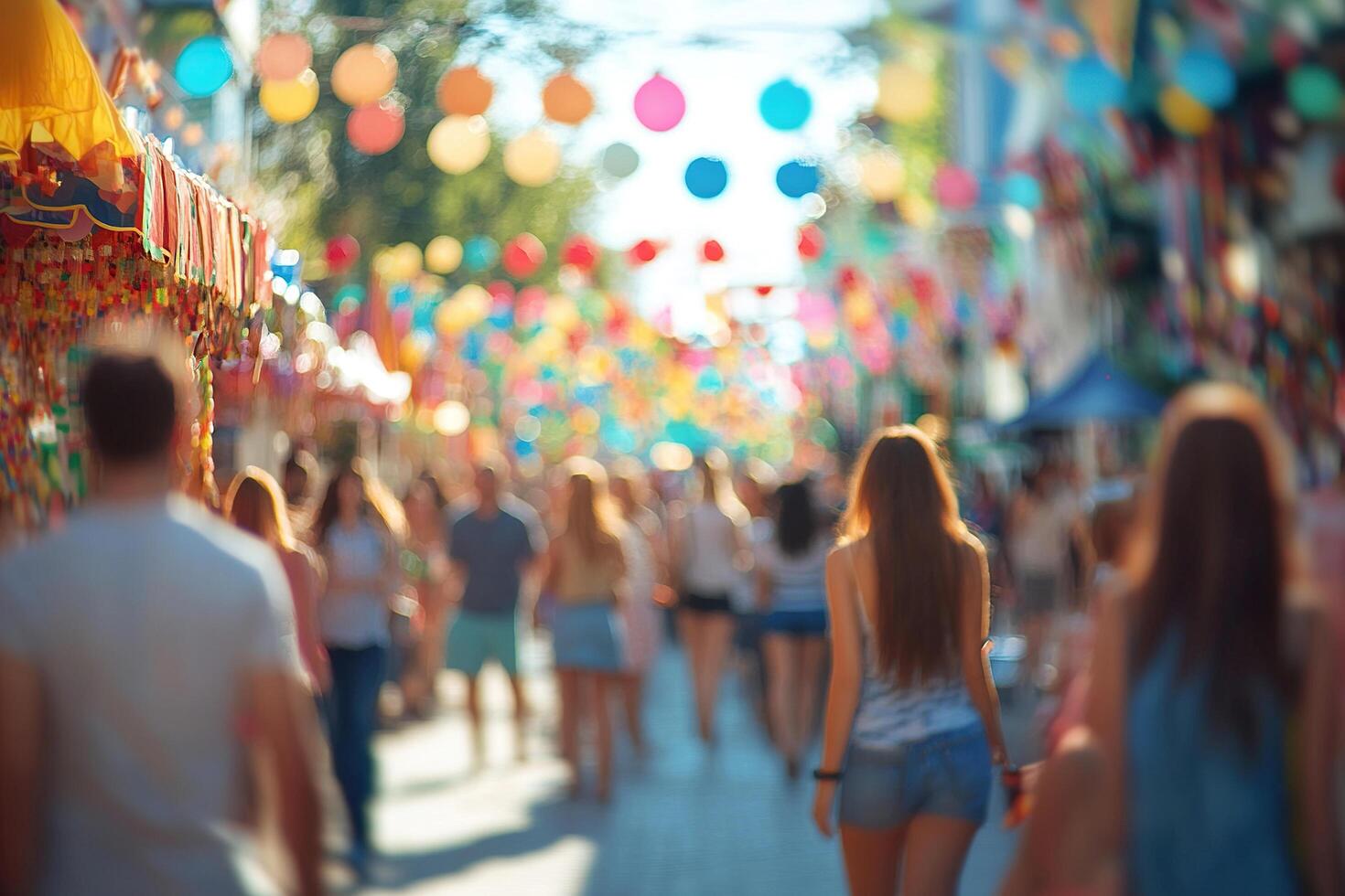 Blurred image of crowd of people in summer park on holiday. photo
