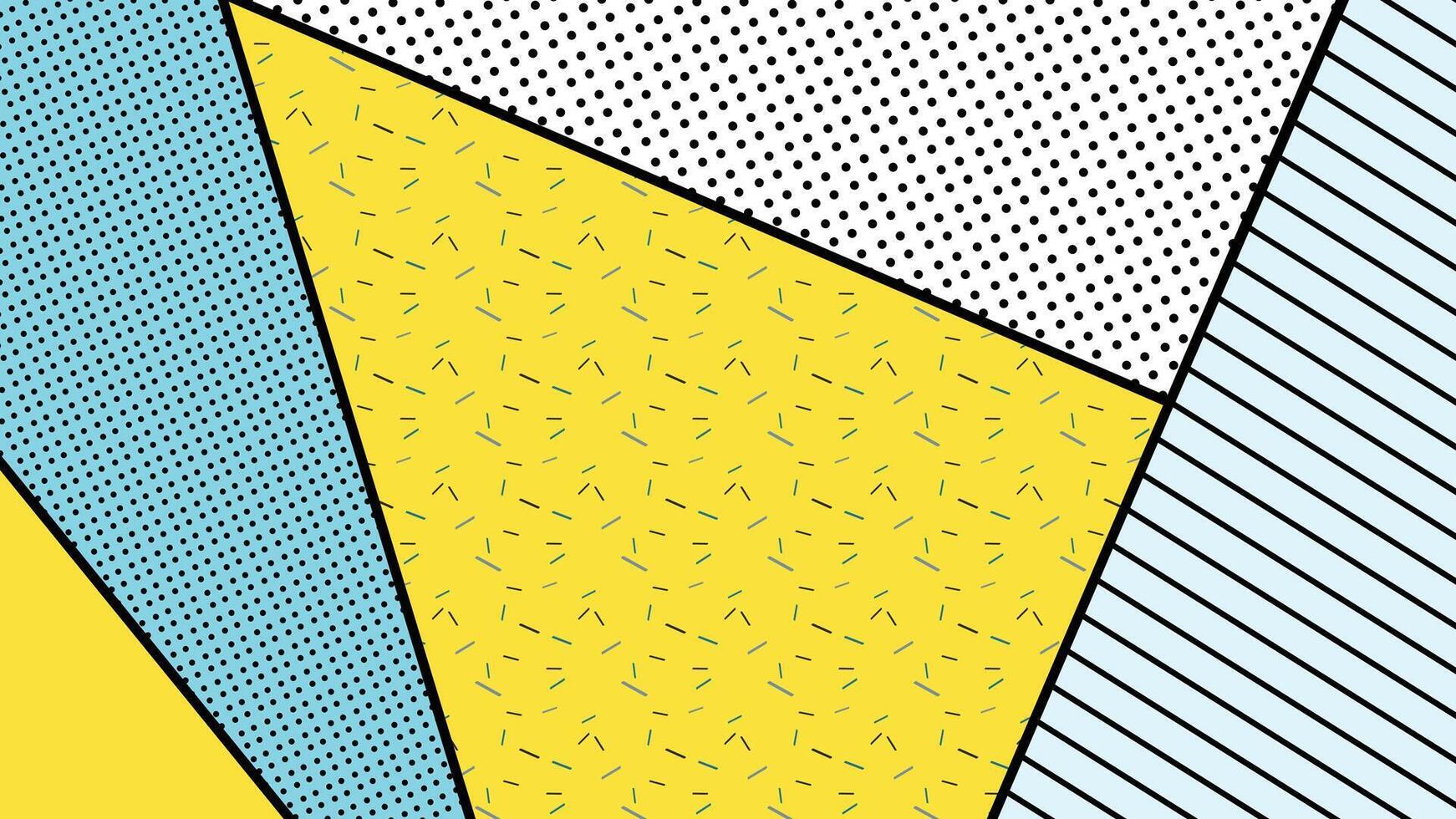 Bright and bold abstract geometric background with pop art style, featuring dotted, lined, and textured patterns in yellow, blue, and white. Perfect for modern design, posters, and digital art. vector