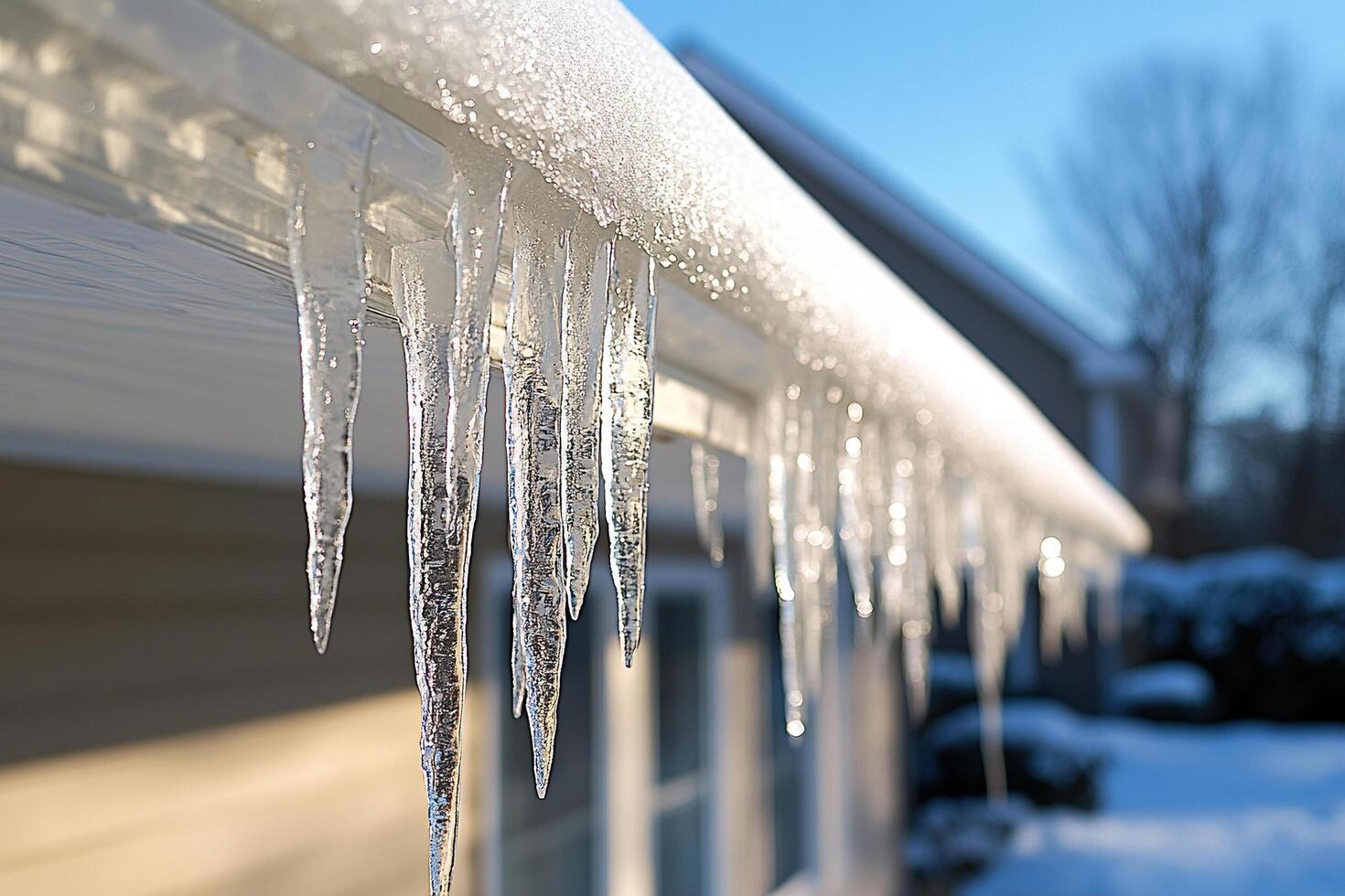 Icicles begin to melt and drip from the roof under the warmth of the spring sun. The arrival of spring. photo