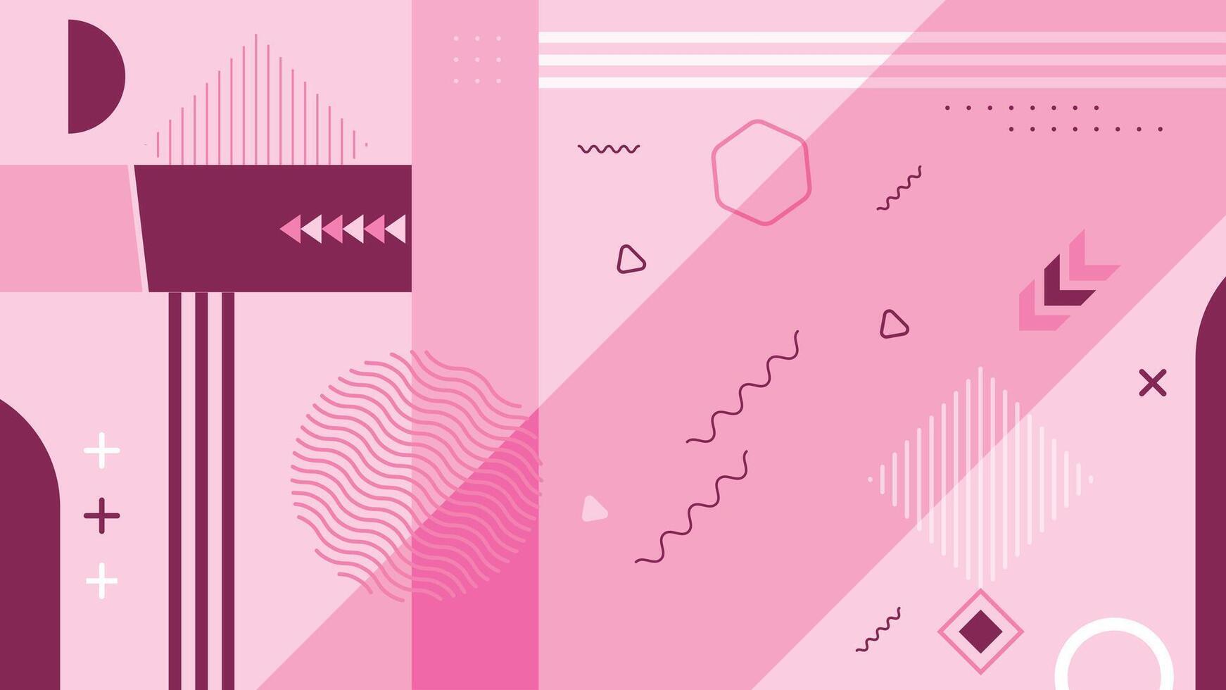 Vibrant pink abstract geometric background featuring trendy Memphis-style shapes, lines, and patterns. Perfect for creative designs, websites, wallpapers, and digital projects with a modern touch. vector