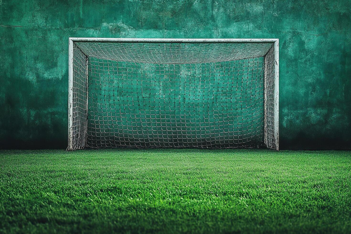 An old football goal with a net stands on the grass near the green wall. Generated by artificial intelligence photo